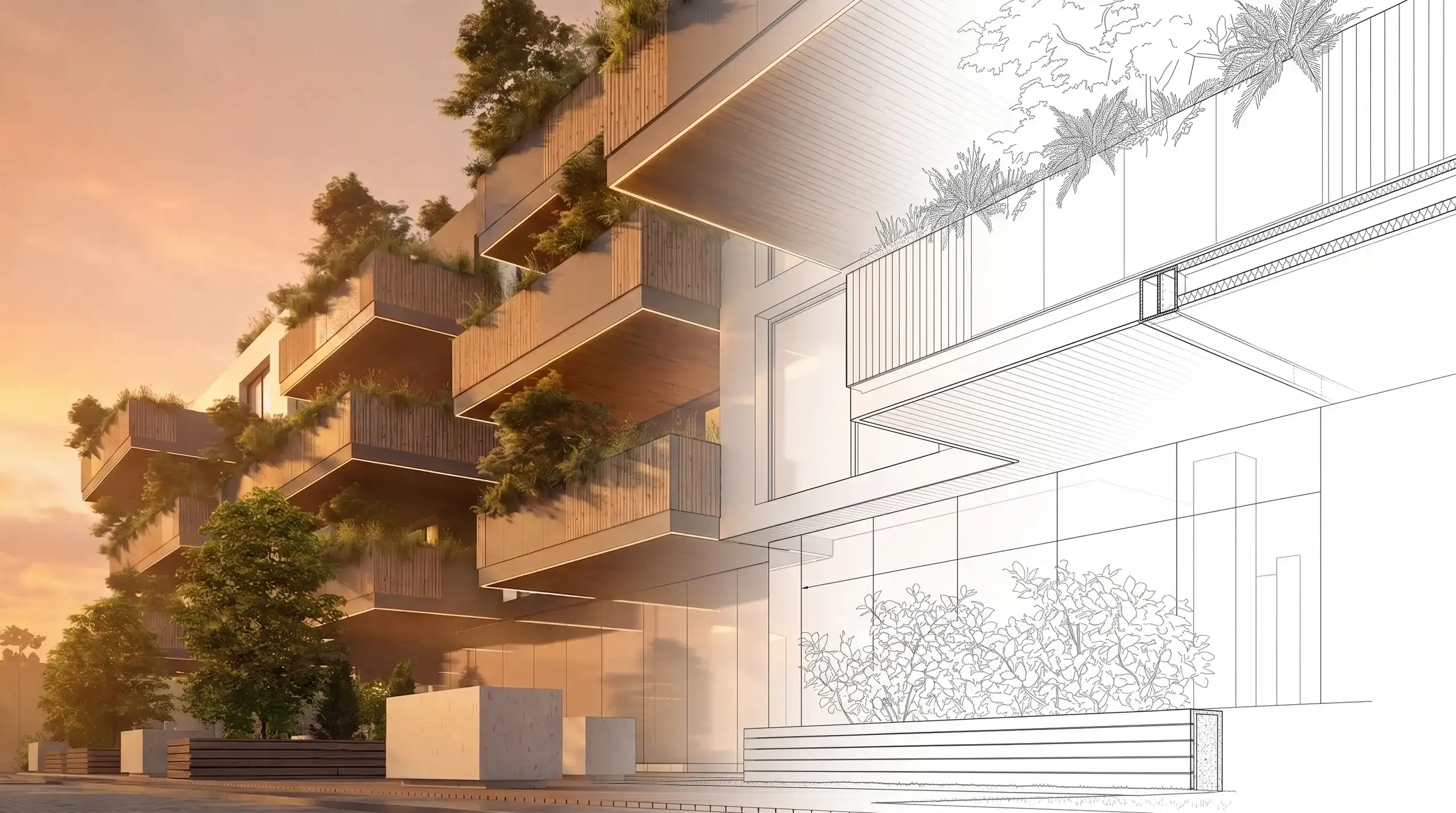 Render de desarrollo inmobiliario en altura que se transforma en documentación técnica de línea, PADOVA Estudio