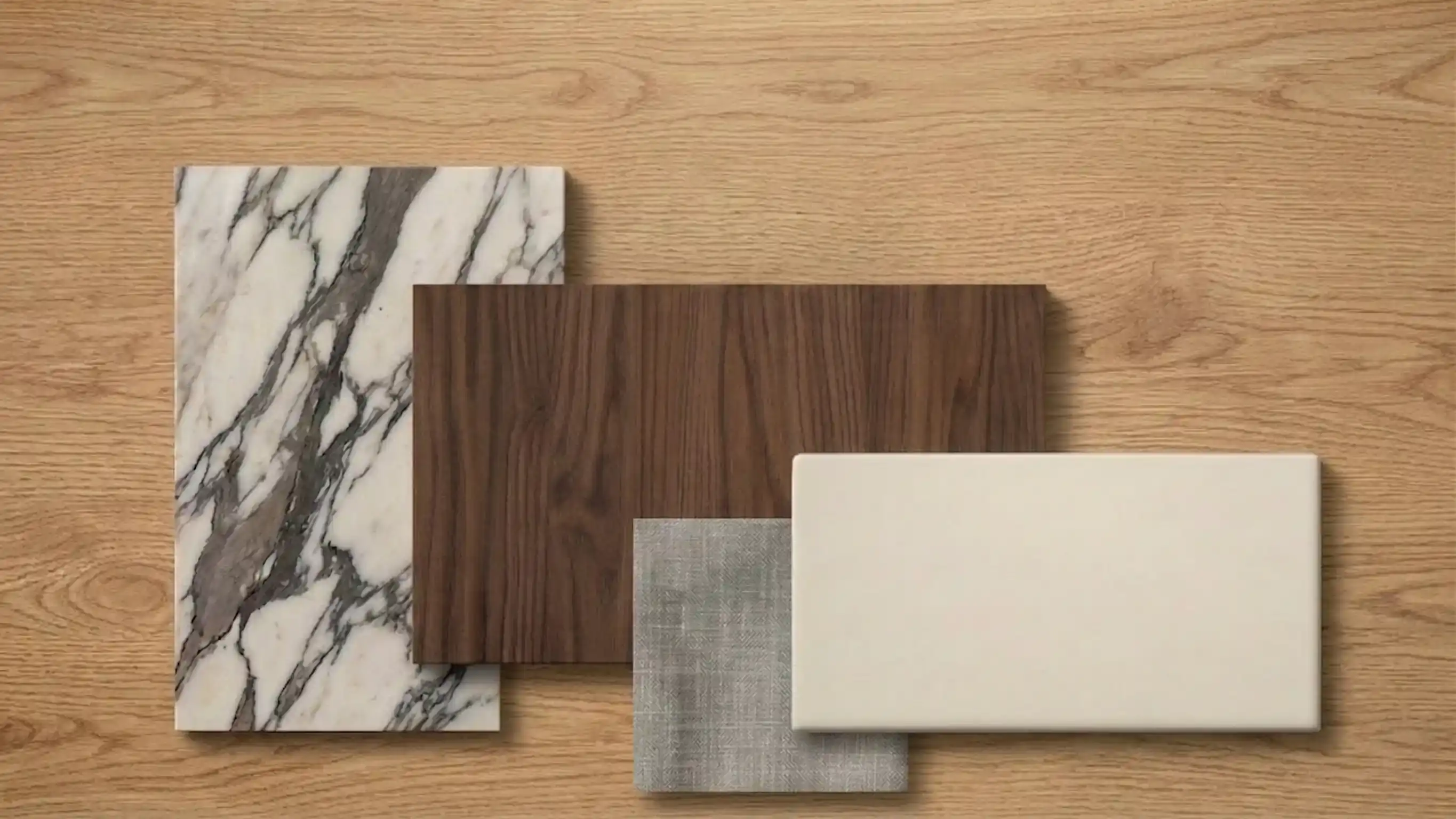 Moodboard de materiales para remodelación de cocina: mármol, nogal, lino y laca sobre roble, PADOVA Estudio